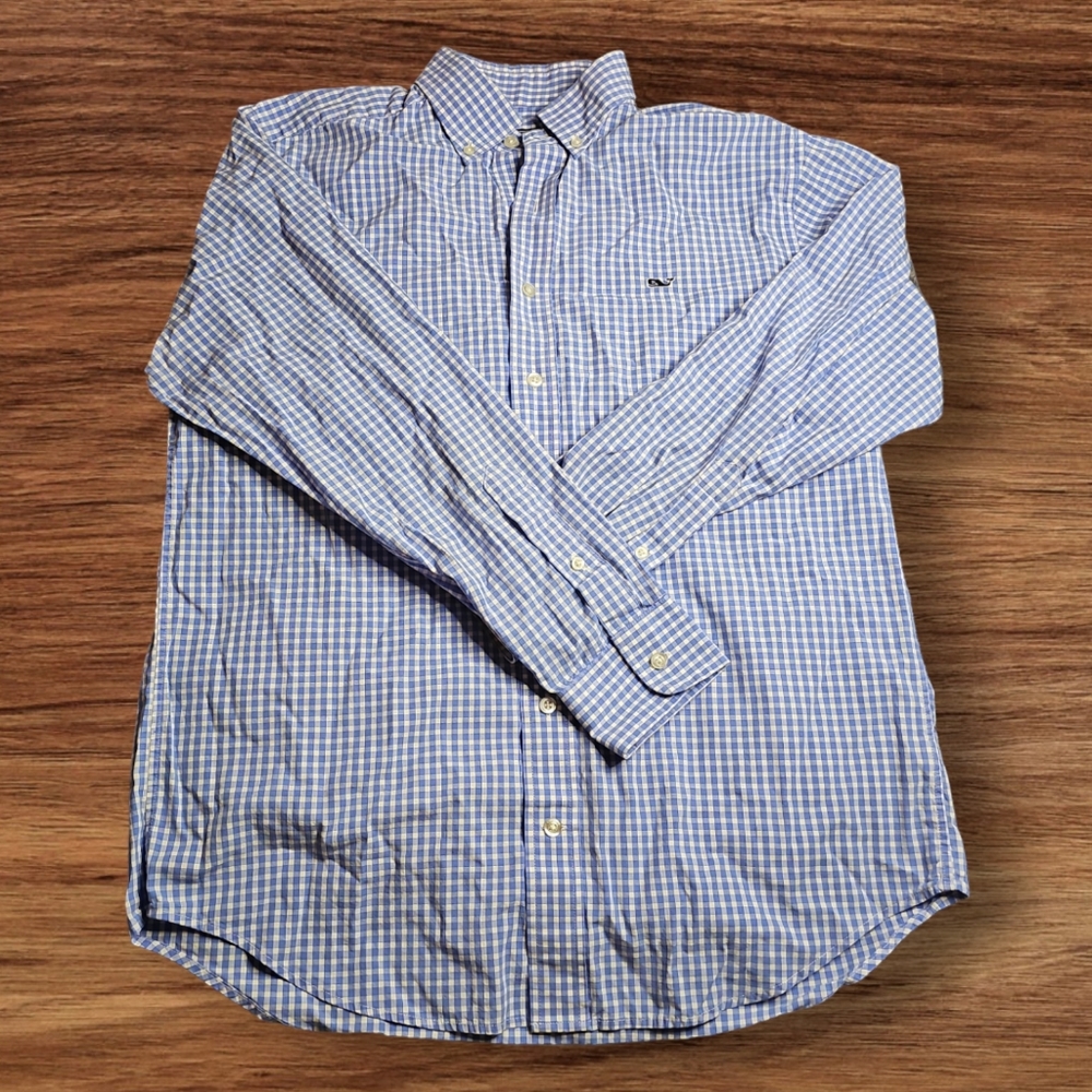 Vineyard Vines Men's Blue and White Gingham Button-Down Shirt